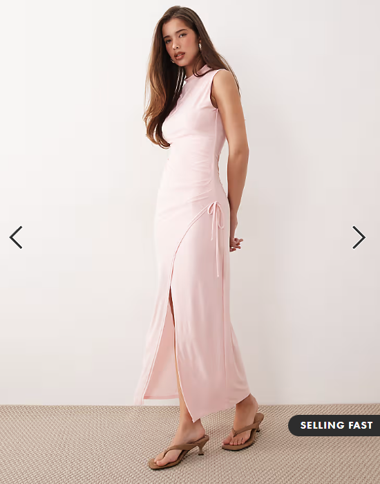 Kaiia Exclusive double layered slinky high neck tie side detail maxi dress in powder pink