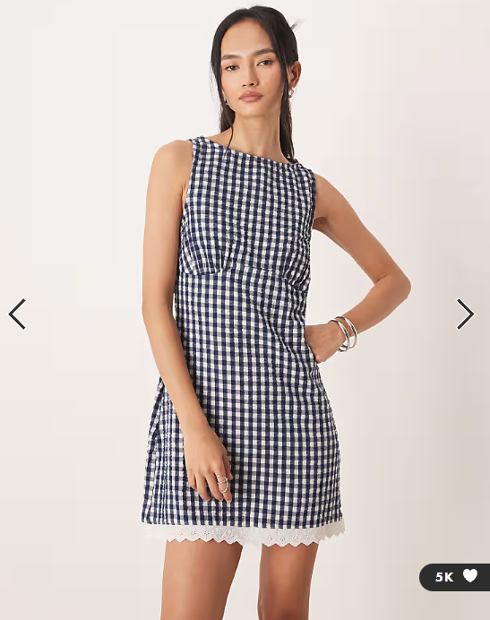 ASOS DESIGN slash neck mini sundress with sculpted bust and broderie hem in navy gingham