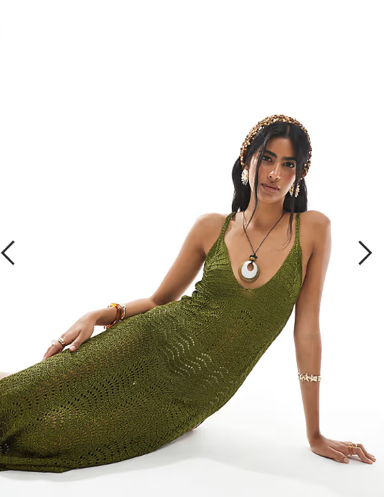 Miss Selfridge deep v neck knitted crochet maxi dress in dark olive