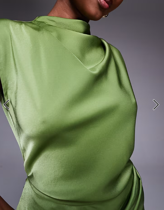 ASOS DESIGN satin high neck pleated bodice midi dress in olive green