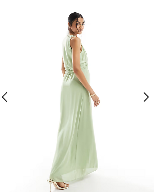 Vila Bridesmaid wrap waist detail maxi dress with pleat front in sage green