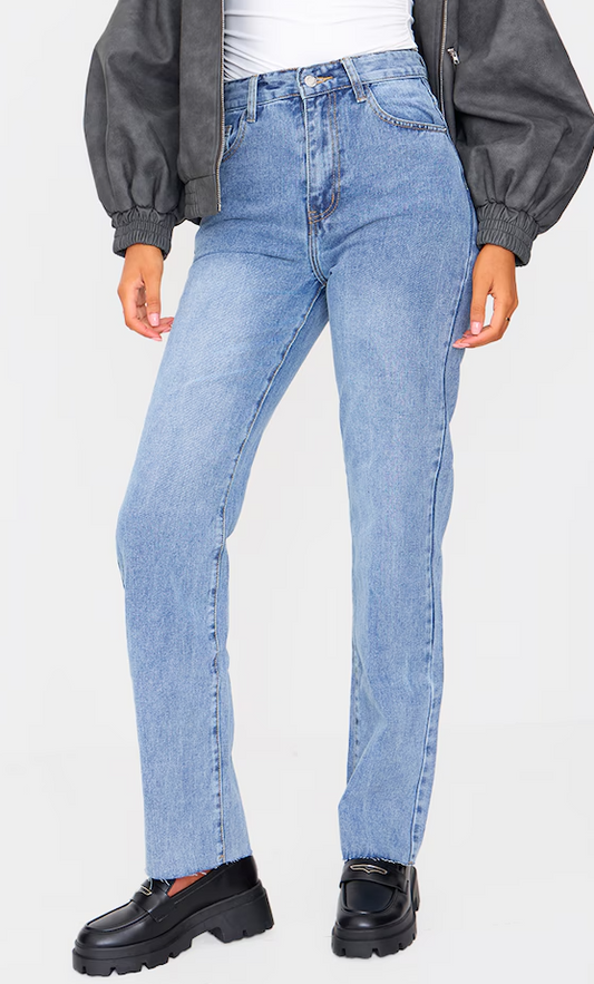 Tall Mid Blue Wash High Waist Long Leg Straight Leg Jeans