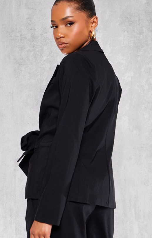 Plt - Black Tie Front Bow Textured Blazer