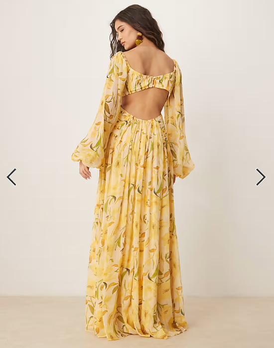 ASOS DESIGN long sleeve cut out maxi dress with ruched skirt in yellow floral print