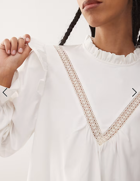 Reclaimed Vintage mini smock dress with inserted lace trims and ruffles in white