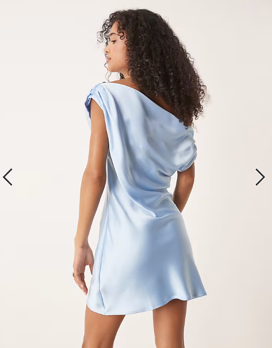 ASOS DESIGN satin drape off shoulder mini dress in light blue