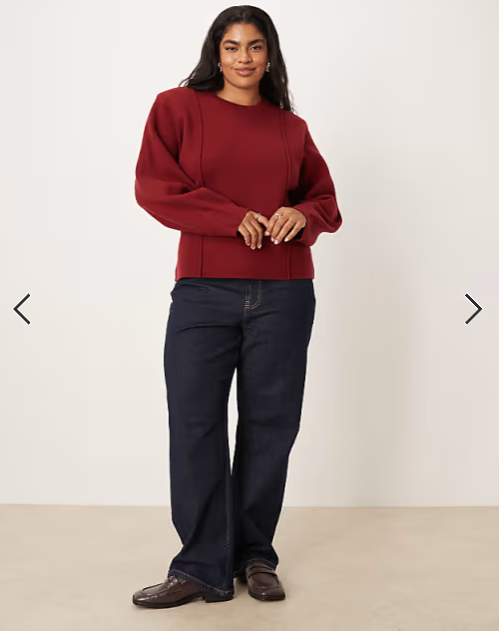 ASOS DESIGN Curve structured waisted jumper with shoulder pads in burgundy