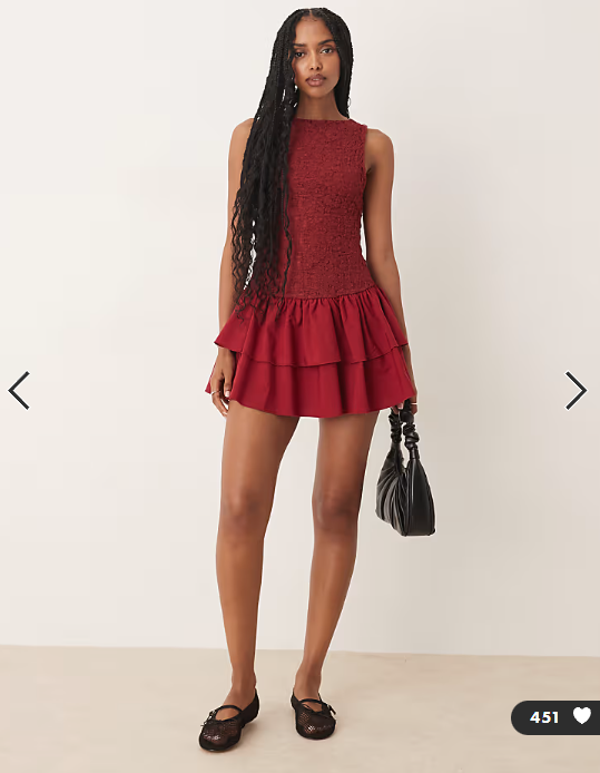 ASOS DESIGN lace bodice mini dress with poplin skirt in burgundy