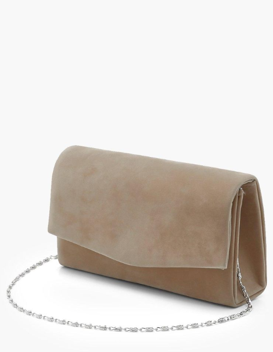 Structured Suedette Clutch Bag & Chain - taupe