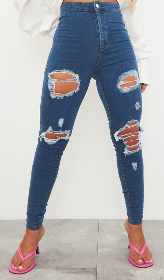 Mid Blue Disco Ripped Skinny Jeans