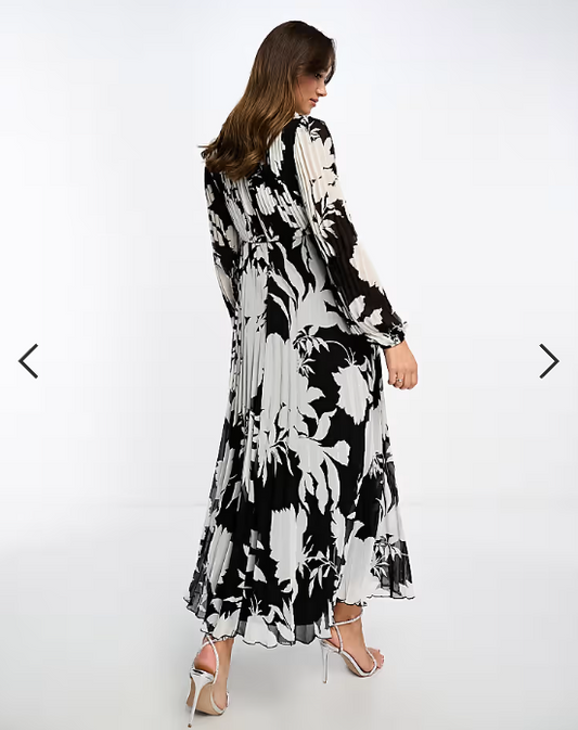 ASOS DESIGN pleated bodice plunge neck midi dress in mono floral print
