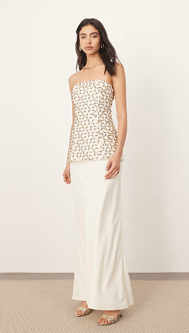 Asos - ARRANGE geo embellished hybrid bandeau maxi dress in ivory and gold