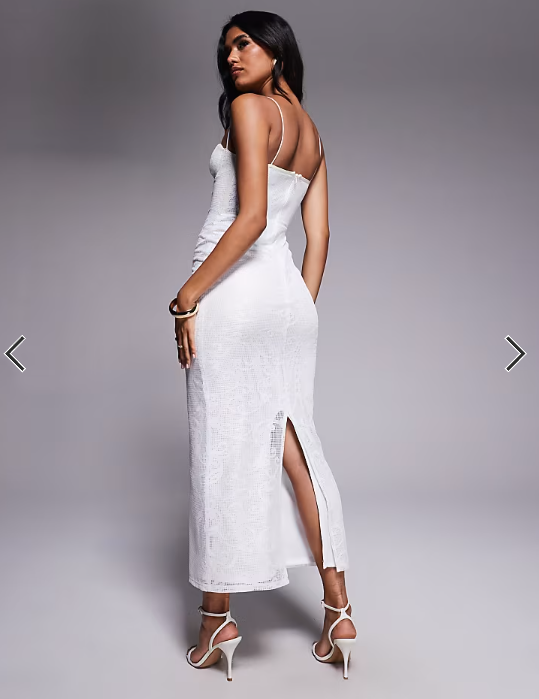 ASOS DESIGN cup detail embroidered crochet midi dress in cream