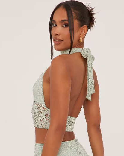 Plunge Choker Ruched Detail Crop Top In Sage Green Lace