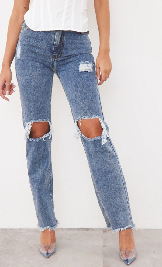 Vintage Wash High Rise Ripped Straight leg Jeans