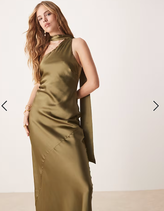 Pretty Lavish satin scarf neck maxi dress in deep olive