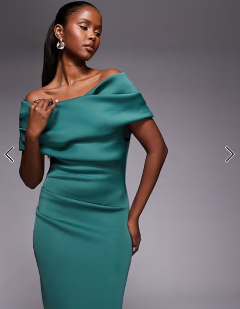 ASOS DESIGN ruched bardot midi dress in teal scuba-style fabric