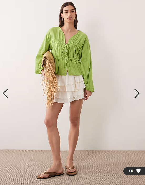 ASOS DESIGN long sleeve smock top with button front in green