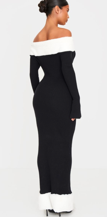 Plt - Black Rib Knit Contrast Fur Trim Bardot Maxi Dress