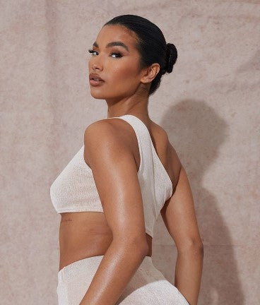 ALMOND ACETATE SLINKY CUT OUT ONE SHOULDER CROP TOP
