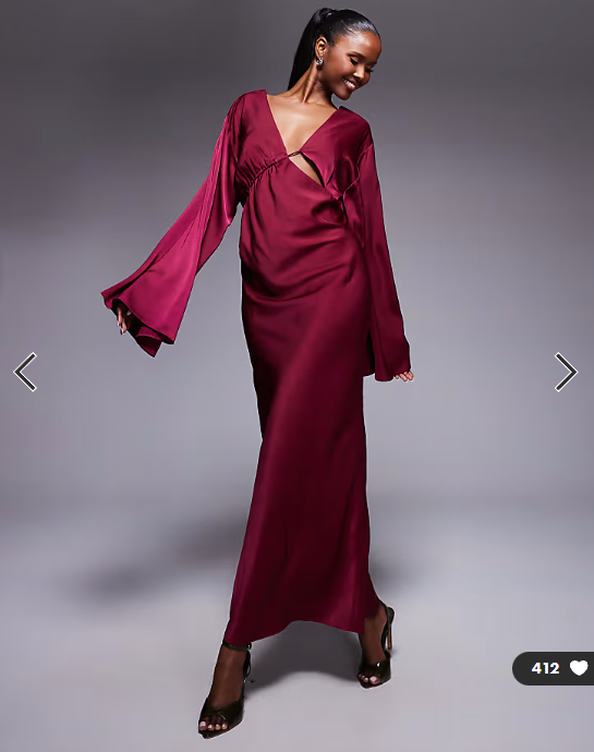 ASOS DESIGN satin asymmetric neckline long sleeve maxi dress with channel detail in berry