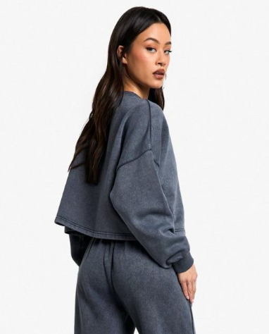 Boohoo - Tall Acid Wash Wide Leg and Cropped Sweatshirt Tracksuit - charcoal