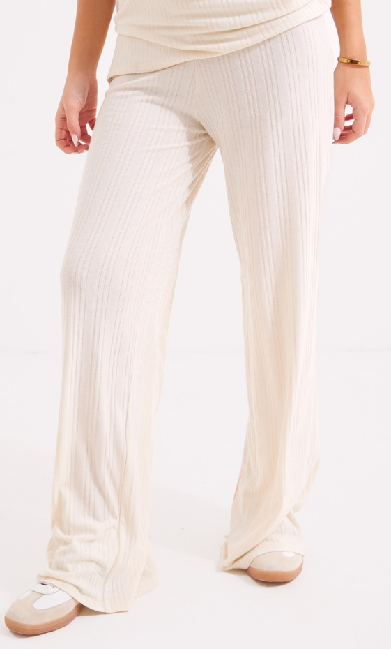 Cream Ribbed Low Rise Wide Leg Pants