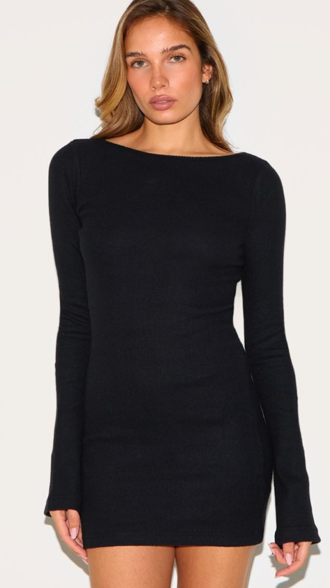 Plt - Black Heavy Brushed Rib Flared Sleeve Shift Dress