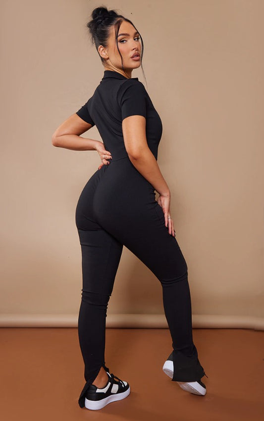 Black Stretch Woven Zip Front Collar Detail Jumpsuit