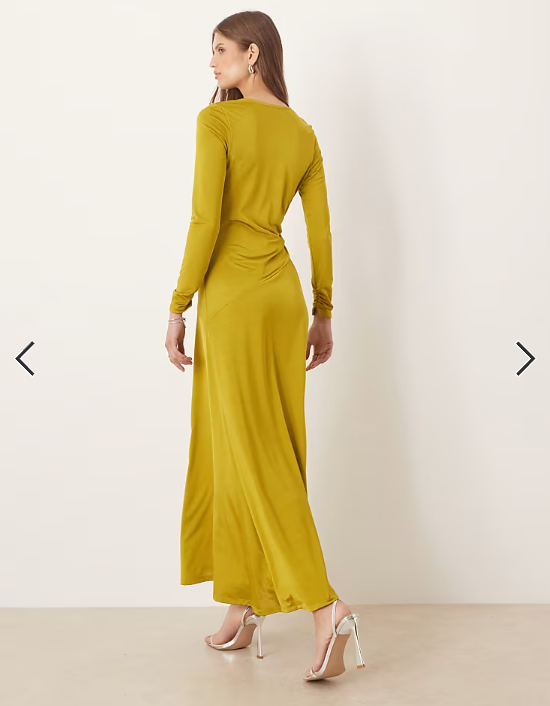 ASOS DESIGN long sleeve ruched knot detail maxi dress in green
