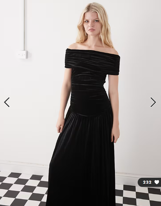 Lioness Field of Dreams foldover bardot ruched drop waist pleated velvet maxi dress in black