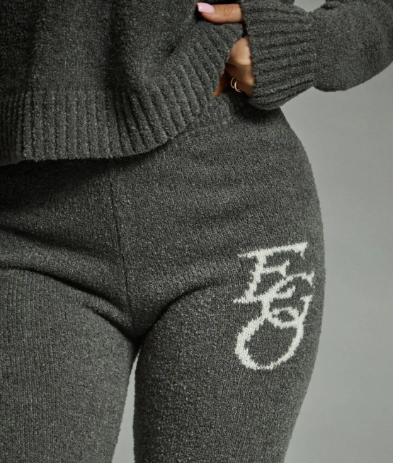 Mid Waist Ego Graphic Straight Leg Trousers In Grey Knit