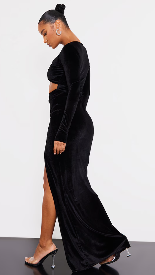 Black Velvet Cut Out Long Sleeve Maxi Dress