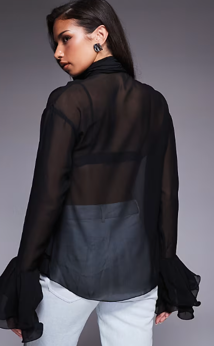 ASOS LUXE high neck sheer top with corsage detail in black