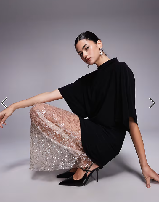 ASOS DESIGN 2 in 1 short sleeve t-shirt and lace sequin skirt maxi dress in champagne