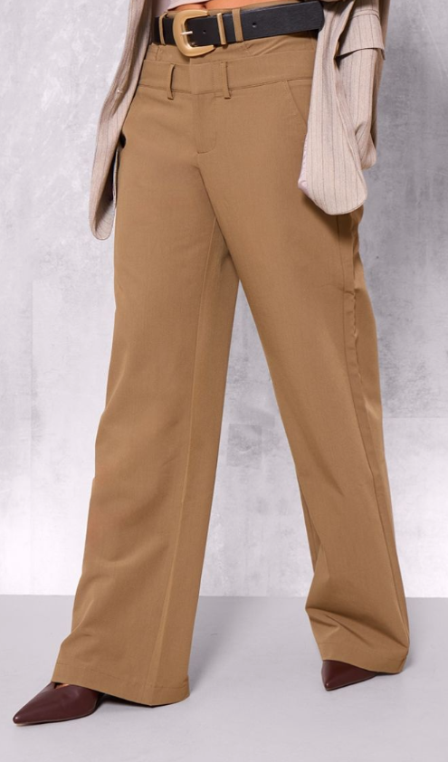 Plt - Taupe Tailored Woven Double Waistband Wide Leg Trousers