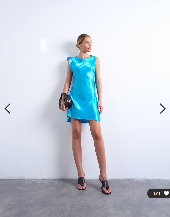 Topshop grown on shoulder ruched waist mini dress in blue satin