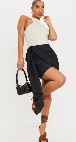 Black Ruched Drape Front Linen Look Mini Skirt | Bottoms