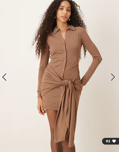 ASOS DESIGN textured mesh mini shirt dress with wrap tie waist in mocha