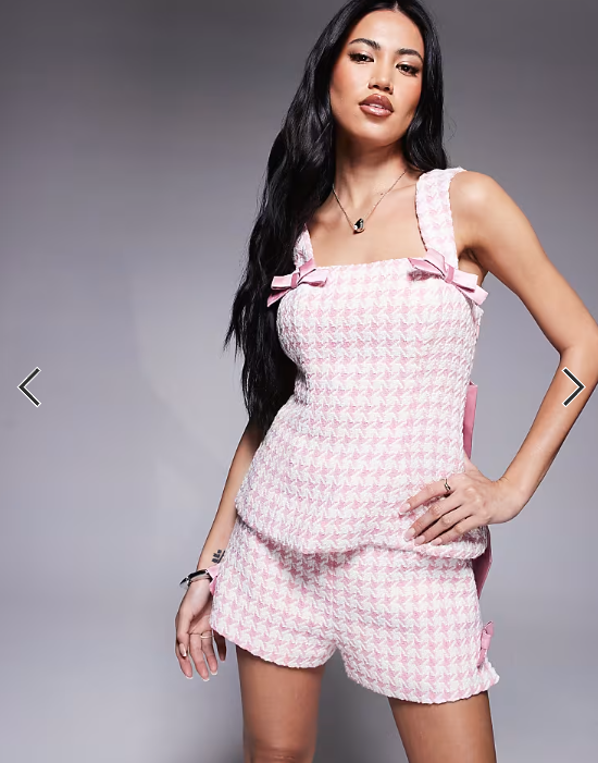 ASOS LUXE co-ord boucle corset top with bow back in pink gingham