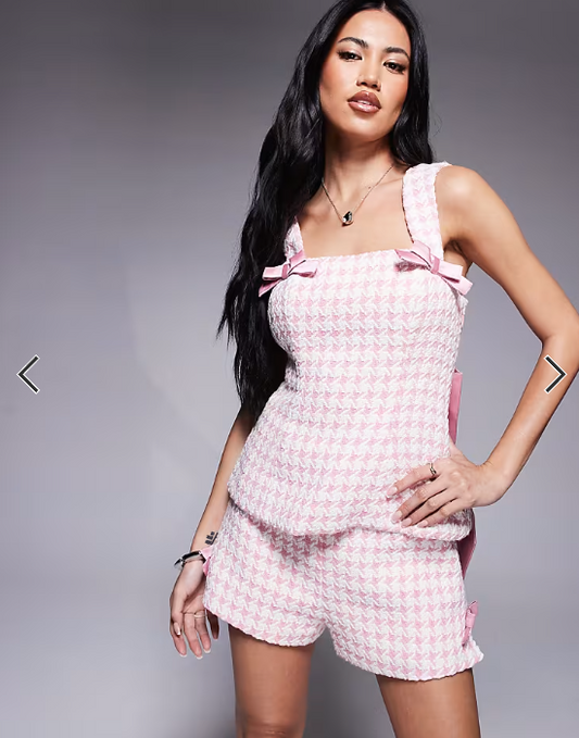 ASOS LUXE co-ord boucle corset top with bow back in pink gingham