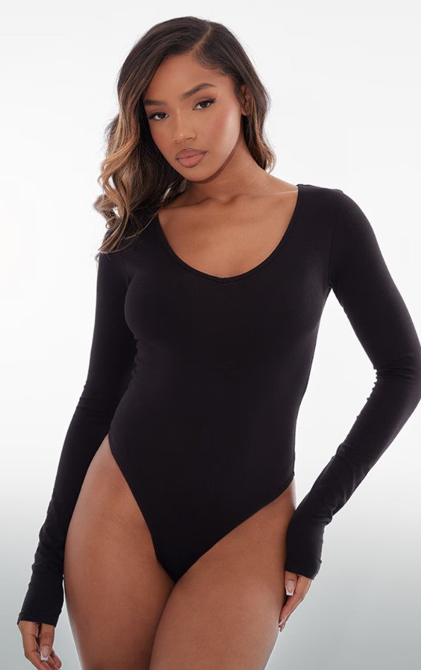 Basic Black Cotton Blend Plunge Long Sleeve Bodysuit