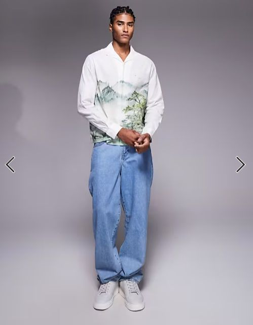 ASOS DESIGN relaxed revere shirt with scenic print in off white
