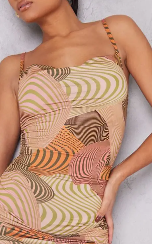 Brown Geometric Swirl Slinky Cowl Neck Ruched Bodycon Dress