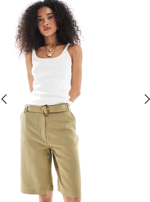 ASOS DESIGN tailored longline belted city shorts with linen in khaki