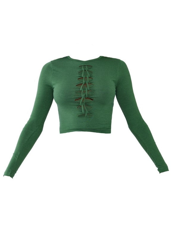 Washed Green Jersey Slit Knot Front Crop Top