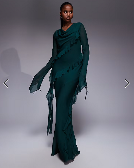 Daska chiffon ruffle maxi dress in emerald green