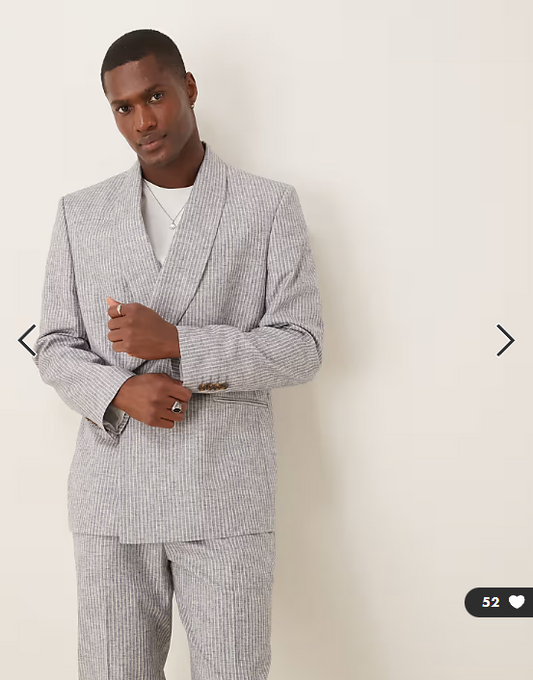 ASOS DESIGN linen blend double breasted regular suit jacket in blue stripe