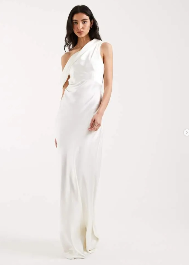 Six Stories Bridesmaids satin drape one shoulder maxi dress in ivory