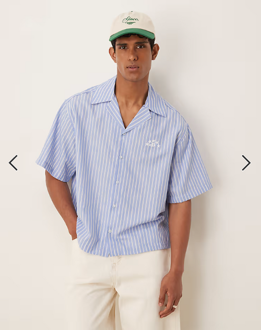 ASOS DESIGN boxy oversized revere shirt with embroidery in blue and white stripe